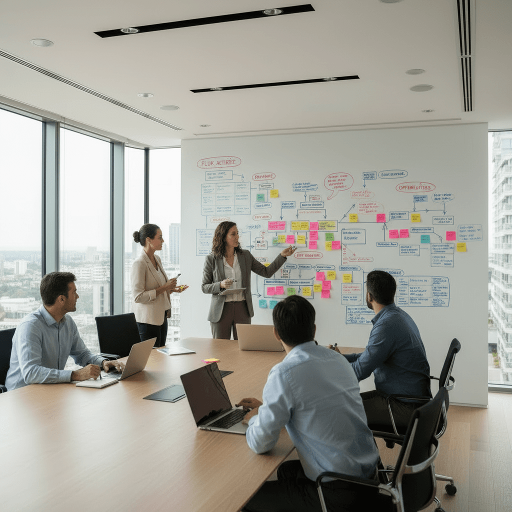Équipe en atelier de cartographie de processus au mur de notes adhésives