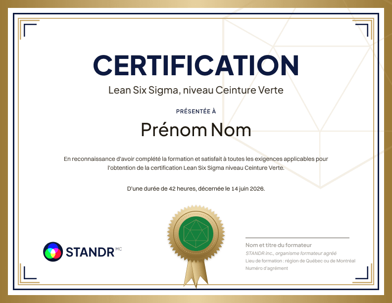 Spécimen du certificat Lean Six Sigma STANDR, niveau Ceinture Verte.
