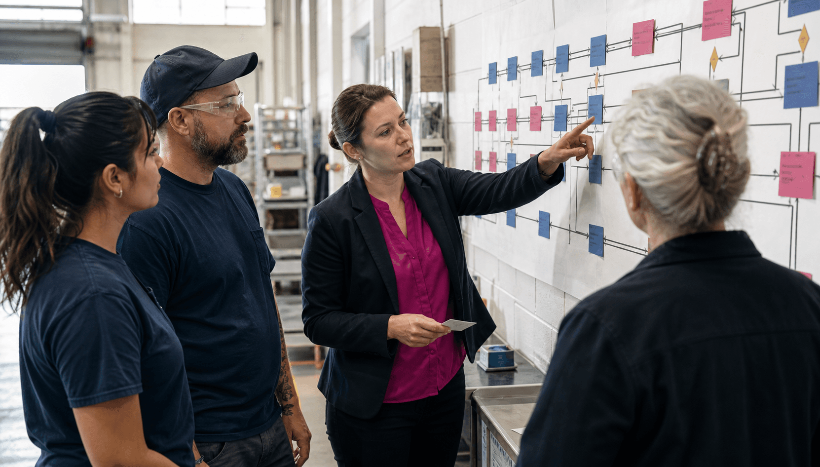 Deux personnes discutant devant un tableau de travail